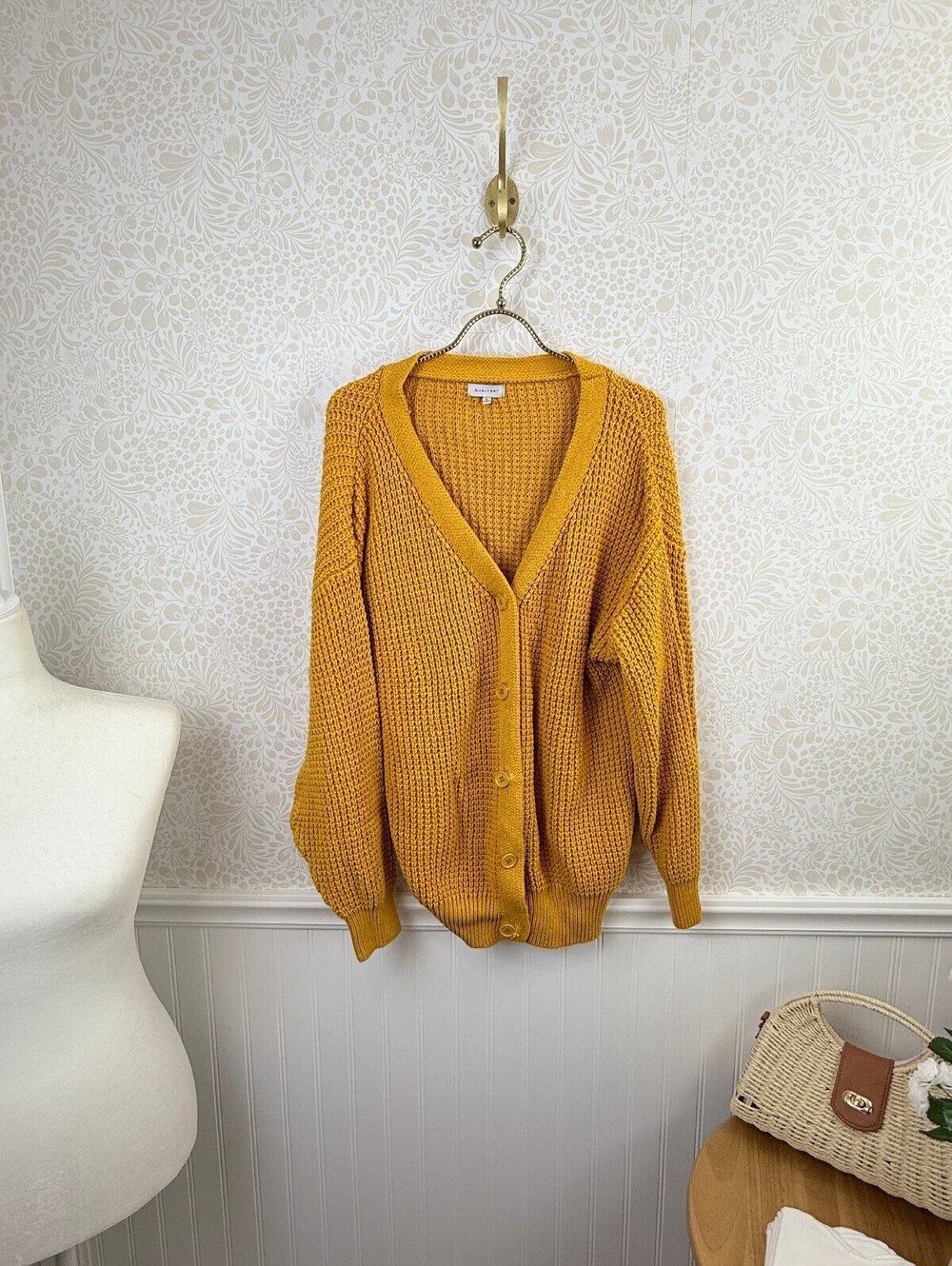 Qualfort Mustard Yellow 100% Cotton Button-Down Cardigan Sweater - Size - Large